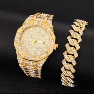 Gold Watch and Bracelet Set with Crystals